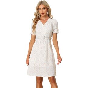 Allegra K 2023 Spring Summer Floral Dress for Women's Short Sleeve V Neckline Belted Knee Lenth Dress