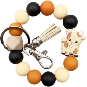 Yecomsy Cute Cow Keychain Highland Cow Wristlet Keychain Hippo Bee Bead Tassel Key Ring Animal Keychains for Women Men