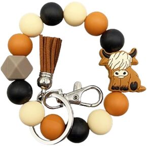 Yecomsy Cute Cow Keychain Highland Cow Wristlet Keychain Hippo Bee Bead Tassel Key Ring Animal Keychains for Women Men