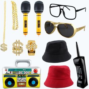 12 Pcs Hip Hop Costume Kit Includes Inflatable Radio Boombox Phone Mic Necklace Bracelet Ring Sunglasses Bucket Hat for 80s 90s Party