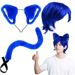 Halloween Blue Cat Costume Accessories Set Include Blue Cat Ear Headband Wig Tail for Adults Classic Characters Dress Up