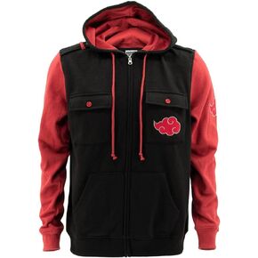 Ripple Junction Naruto Shippuden Men's Authentic Full Zip Hooded Sweatshirt w/Chest Pockets Black Red Officially Licensed