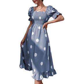 OPOIPIN Women's Smocked Polka Dots Square Neck Ruffle Short Sleeve Beach Flowy Midi Dress