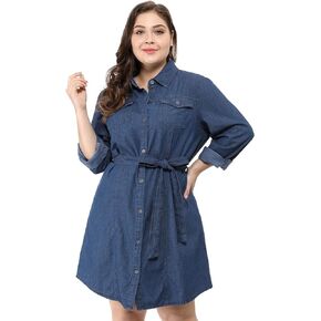 Agnes Orinda Women's Plus Size Jean Dress Long Sleeves Above Knee Button Down Denim Shirt Dresses