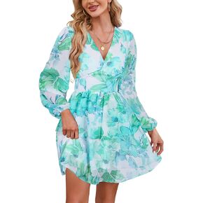Women's Boho Floral V Neck Mini Dress Long Sleeve Beach Flowy Dress