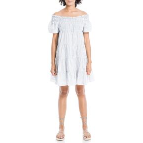 Max Studio Women's Yarn Dye Sleeve Smocked Neck Tiered Short Dress