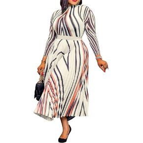 Recious Womens Sexy Long Sleeve Mock Neck Stripe Printed Bodycon Pleated A-Line Party Clubwear Dress