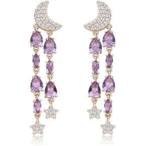 Crystal Teardrop Dangle Tassel Earrings for Women Girls Wedding Earrings for Brides,Fancy Purple Green Cubic Zirconia Rhinestone Dangling Moon and Star Earrings for Prom Party