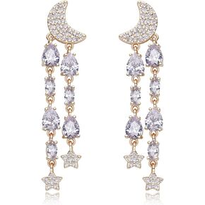 Crystal Teardrop Dangle Tassel Earrings for Women Girls Wedding Earrings for Brides,Fancy Purple Green Cubic Zirconia Rhinestone Dangling Moon and Star Earrings for Prom Party