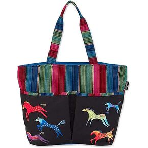Laurel Burch Canvas Dancing Horses Shoulder Tote Zipper Top 21" x 15" x 6"