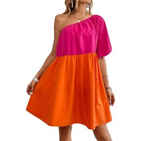 WDIRARA Women's One Shoulder Color Block Short Puff Sleeve Loose Tunic Mini Dress