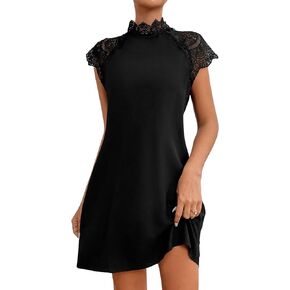SweatyRocks Women's Floral Lace Raglan Short Sleeve Dress Casual Mock Neck Tunic Mini Dresses