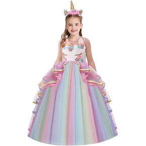 Girls Princess Dress Unicorn Outfits Sleeveless Birthday Party Wedding Christmas Halloween Carnival Costume w/Headband