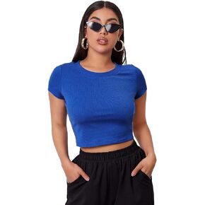 Floerns Women's Solid Short Sleeve Round Neck Rib Knit Crop Tops Tee Shirts