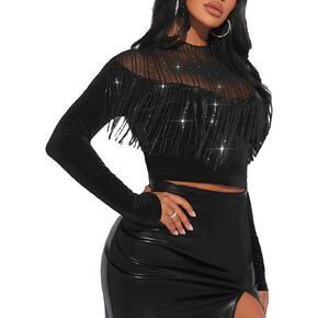 WDIRARA Women's Fringe Mesh Trim Long Sleeve Glitter Fitted Party Club Crop Top Tee