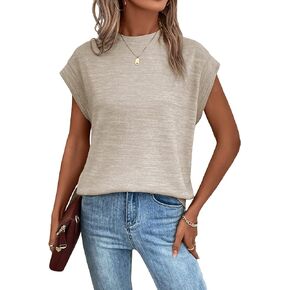 WDIRARA Women's Mock Neck Cap Sleeve T Shirts Tops Casual Basic Tee
