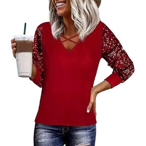 Sequined Splicing V-Neck Criss-Cross T-Shirt Women Sparkly Glitter Sequin Long Sleeve Tops Holiday Club Party Shirts