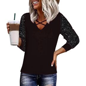 Sequined Splicing V-Neck Criss-Cross T-Shirt Women Sparkly Glitter Sequin Long Sleeve Tops Holiday Club Party Shirts