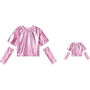 Girls Metallic Top Matching Doll&Girls Blue Shirt Sparkly Shiny Tees with Arm Covers Costumes Size 8 9