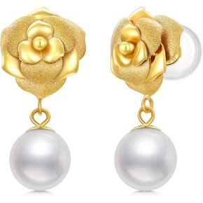 18kt Solid Gold Pearl Earrings for Women, Real Gold Rose Flower Stud with Freshwater Pearl Dangle Jewelry Anniversary Present for Her, Wife, Mom, Girlfriend in Saudi Arabia