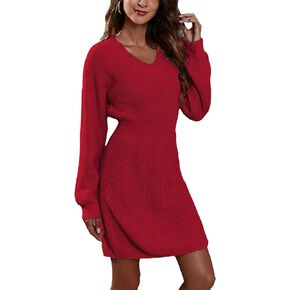 Tiko Miko Women's Long Sleeve Knit Dress Drop Shoulder V Neck Pullover Short Bodycon Waist Sweater Dresses