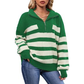SuperPrity Woman Sweater 1/4 Zip Striped Pullover Sweaters Chunky Warm Long Sleeve Drapped Shoulder Winter Trendy Ribbed Knit Sweater Tops-M,Black Stripe