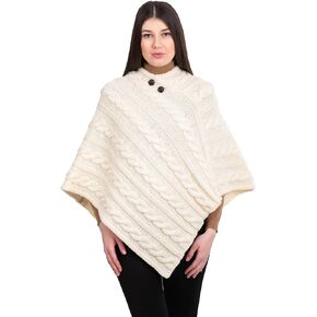 Ladies Irish Aran Cable Knit Buttoned Poncho- 100% Virgin Wool