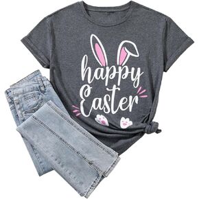 Women Happy Easter T Shirt Bunny Rabbit Short Sleeve Tops