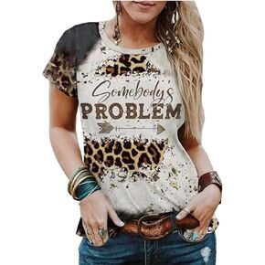 Somebody's Problem T-Shirt for Women Vintage Bleached Country Music Tshirt Retro Leopard Graphic Casual Shirt Tops