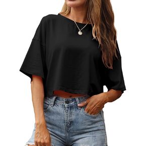 Danedvi Womens Half Sleeve Cropped T Shirts Drop Shoulder Crop Tops Loose Fit Basic Tees