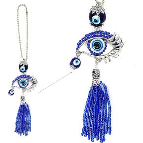 Beautiful Silver Evil Eye Hanging Charm Ornament w/Crystal, 2 Evil Eye Beads & Hanging Blue Tassel in Ball Chain - Home Keys, Purse, Bags & Rear View Mirror Accessories (1.8"x9")