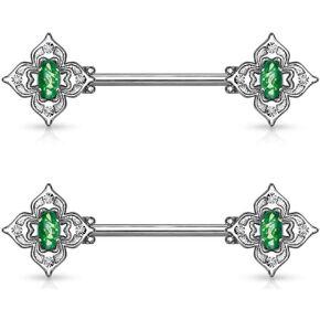 Forbidden Body Jewelry Pair of Surgical Steel 9/16 Inch (14mm) Posh Floral Synthetic Opal Center Nipple Barbells