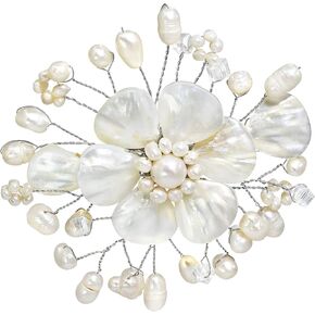 Aeravida Stunning Mother of Pearl and Cultured Freshwater White Pearl Floral Ray Pin or Brooch | Fashion Acessories | Pin for women | Statement Fashion | Jewelry Gift