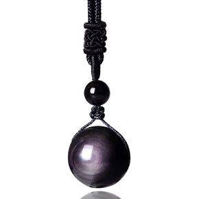Obsidian Necklace, Rainbow Obsidian Necklace Men Women Couple Black Real Raw Natural Stone Pendant Talisman 14mm/16mm/18mm/20mm with Lucky Rope