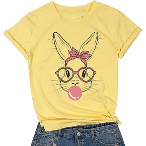 Bunny with Leopard Glasses T-Shirt for Women Cute Easter Bunny Graphic Tees Casual Short Sleeve Shirts Tops in Kuwait