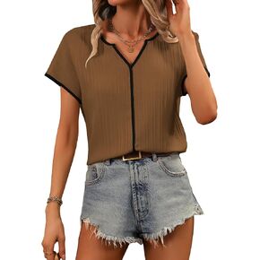 SweatyRocks المرأة قصيرة الأكمام Batwing الخامس الرقبة حقق الرقبة بلوزة عادي مضلع فضفاضة تناسب عارضة المحملة قمم القمصان