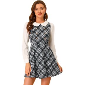 Allegra K Women's Peter Pan Collar Contrast Color Preppy Fit and Flare Plaid Dress