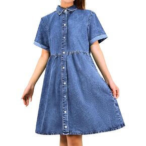 eucsky Denim Dress for Women Short Sleeve Button Down Summer Babydoll Casual Jean Dress Tunic Top