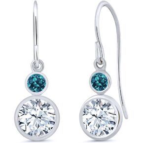 Gem Stone King 14K White Gold White Created Sapphire and London Blue Topaz Drop Dangle Earrings For Women (2.66 Cttw, Gemstone September Birthstone, Round 6MM and 3MM)