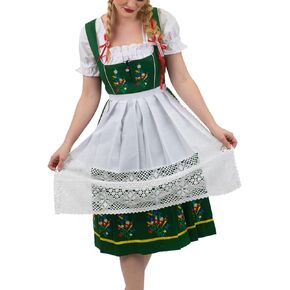 Dirndl Trachten Haus 3-Piece Long Midi Mid Calf Green German Embroidered Oktoberfest Dress with Lace Apron & Crop Top