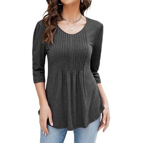 LIOFOER Women's Slim 3/4 Sleeve Shirts Round Neck Pleated Blouse Waist-Shaping Solid Tunic Tops Casual T-Shirts S-XXL in Kuwait