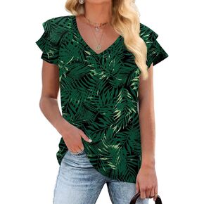 DB MOON Womens Casual Tops Summer Ruffle Short Sleeve Tunic V Neck Loose Fit Flowy T Shirts
