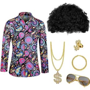 70s Disco Costume Mens Hippie Costumes Set Includes Shirt Wig Sunglass Necklace for Halloween Party Dress Up