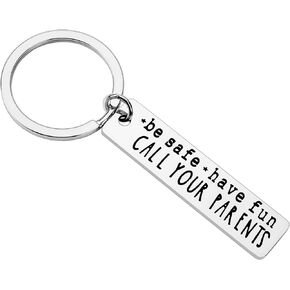 Daughter Son Gift from Mom Dad,Be Safe Have Fun Call Your Parents Graduation Keychain Engraved Mini Cute Love Heart Keyring Jewelry Present Stainless Steel Charm Pendent for Him Her