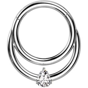 Pierced Owl 16GA F136 Implant Grade Titanium Double Hoop with CZ Crystal Teardrop Center Hinged Segment Ring