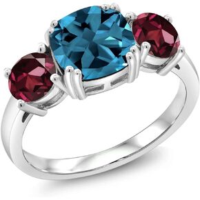 Gem Stone King 925 Sterling Silver London Blue Topaz and Red Rhodolite Garnet 3 Stone Engagement Ring For Women (3.94 Cttw, Gemstone November Birthstone, Cushion 8MM, Available in Size 5,6,7,8,9)