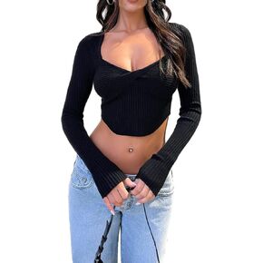 المرأة طويلة الأكمام تويست الحبيب متماسكة المحاصيل الأعلى غير المتكافئة تنحنح سليم صالح البلوز سترة أعلى in Kuwait