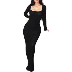 kimmymax Women Sexy Black Bodycon Maxi Dress Long Sleeve Ribbed Square Neck Long Dresses Party Club Outfits