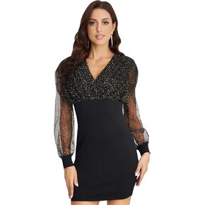 WDIRARA Women's Glitter Deep V Neck Bodycon Mini Dress See Through Mesh Long Sleeve High Waist Slim Fit Party Dresses