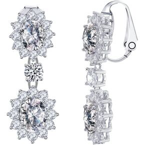 Royal CZ Clip On Dangle Earrings Princess Diana Style Elegantes Jewelry Sparkly Luxury Cubic Zirconia Clip Earrings Wedding For Women Birthday Gifts Fancy Wedding Prom